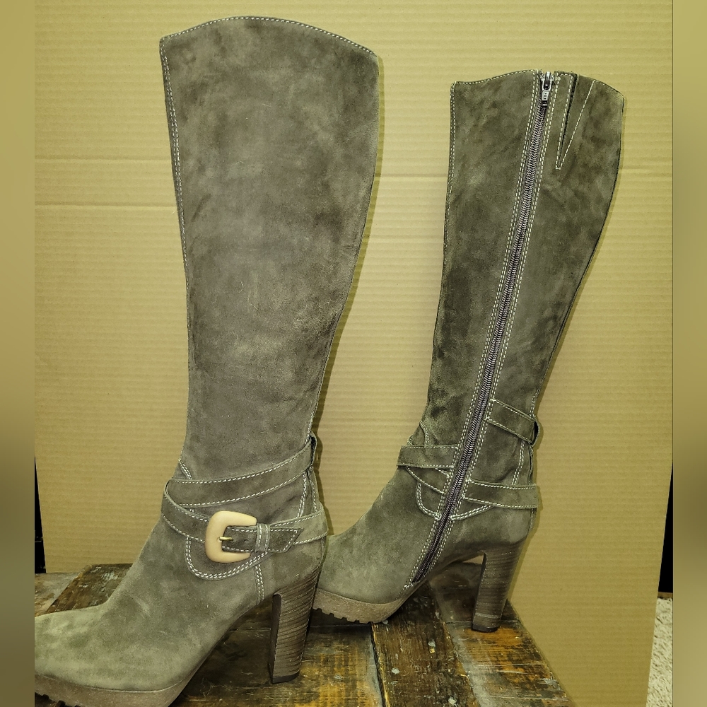 Suede Mana Boots, straps, buckle decal and wood stacked heels, Sz 38(7.5)